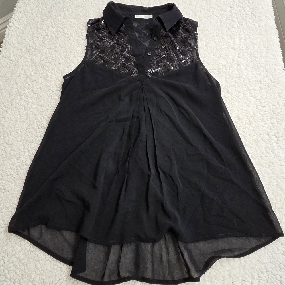 Esley Black Sleeveless Blouse with Sequin Detail Elegant‎ Holiday Party Women S